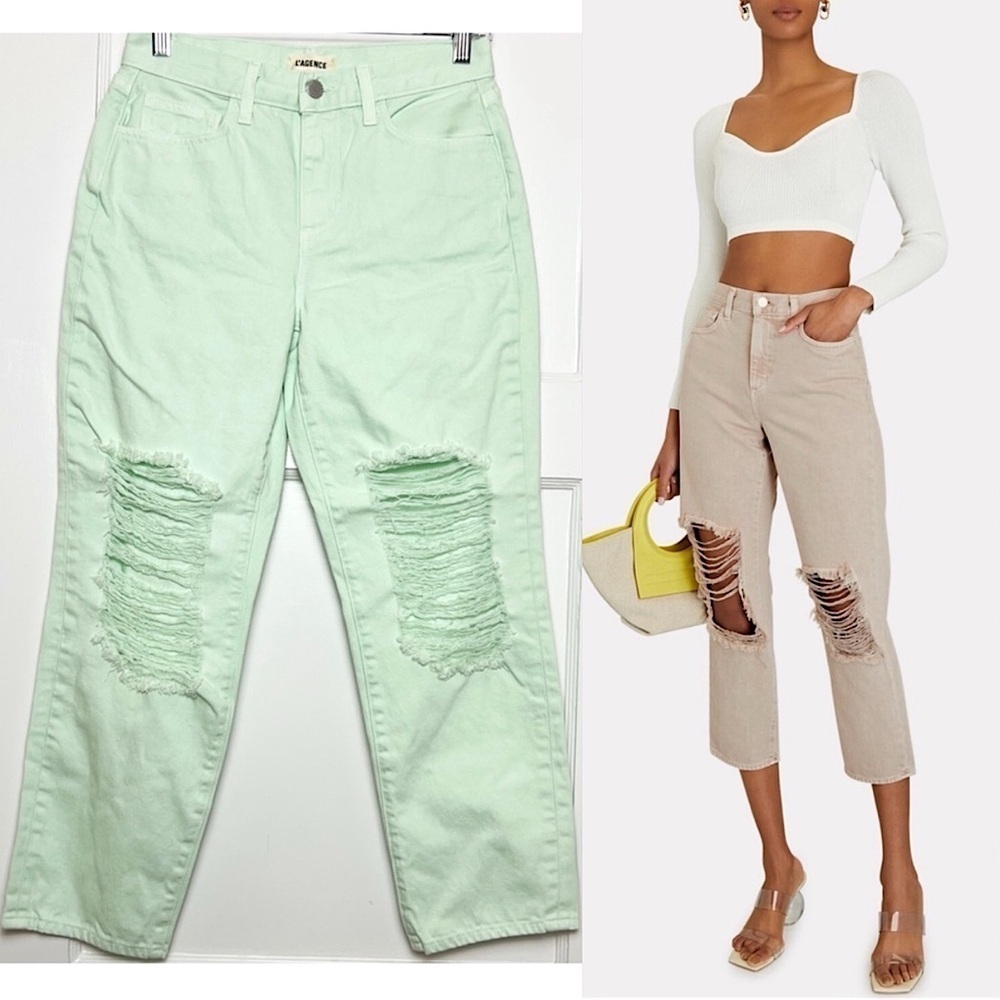 NWT L'AGENCE 90s High Rise Mint Distressed Denim Cropped Straight‎ Leg Jean 25